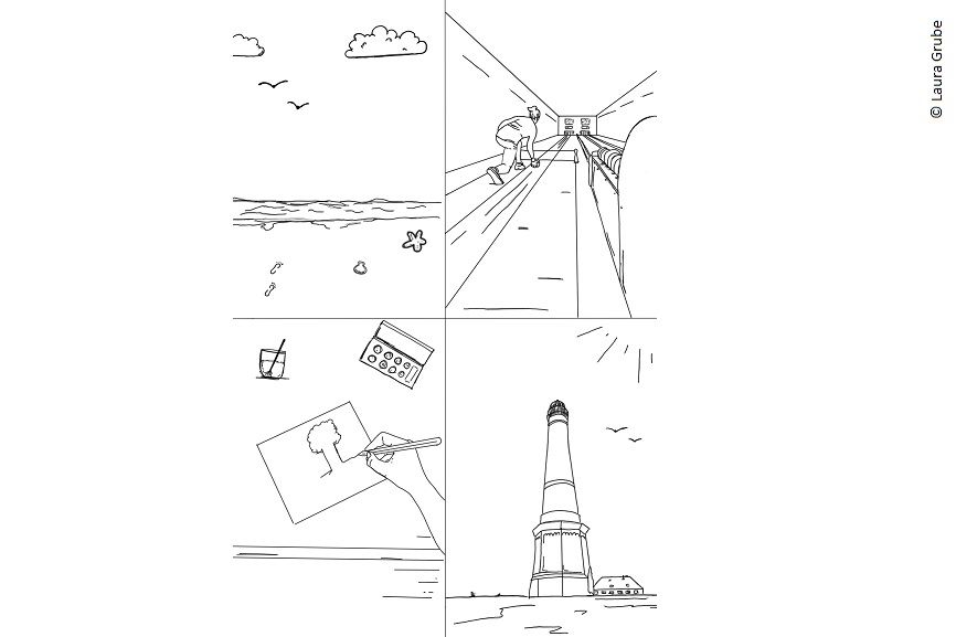 Illustrationen von einem Strand, einer Kegelbahn, einem Leuchtturm und Malutensilien. 
